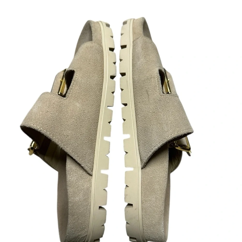 Prada Beige Suede Sandals with Gold Buckles, sz 37 pre-owned
